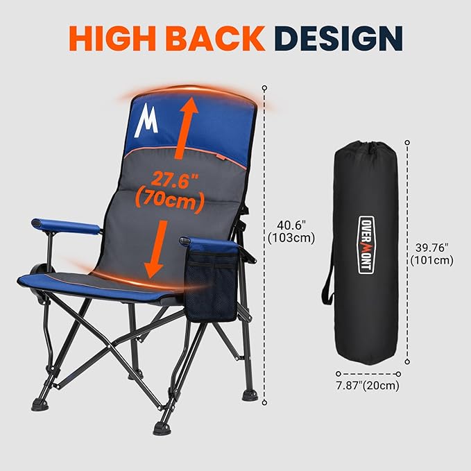 Overmont Back Support Camping Chair for Adults - Oversized with Adjustable High Backrest - Heavy Duty Folding Chair Supports 500 LBS - Cup Holder & Side Pocket – Perfect for Outdoor, Lawn, Beach Blue