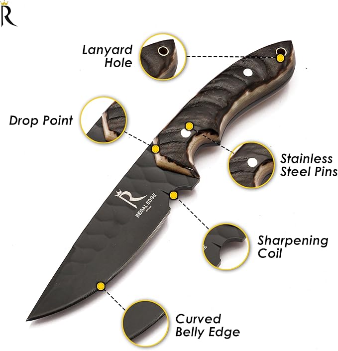 Fixed Blade Knife – 9" Black Coated Drop Point Hunting Knife With Leather Sheath - Full Tang 1095c High Carbon Steel - For Outdoor Use