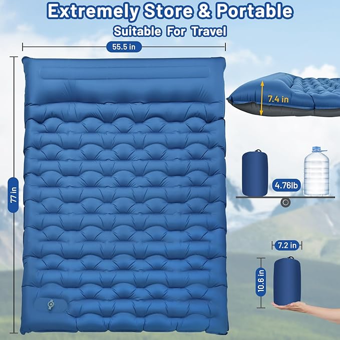 Double Sleeping Pad, 6" Extra Thick Portable Camping Sleeping Pad with Pillows & Built-in Foot Pump, Ultralight Camping Mat for Backpacking, Hiking, Traveling, Tent, Car Camp Gear