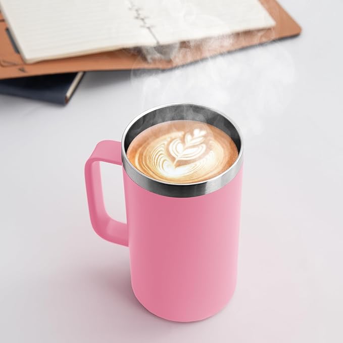 DOMICARE 24oz Mug with Handle and Lid, Stainless Steel Coffee Mug, Reusable Insulated Cup, Travel Mug with Handle, Double Wall Vacuum Coffee Tumbler for Men and Women, Pink, Pack 1