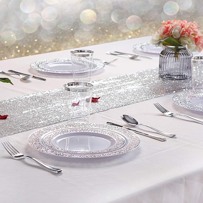 WDF 100pcs Silver Plastic Dessert Plates 7.5" with 100 Pieces Disposable Forks 7.4", Silver Plates Appetizer Plates Small Plates, Fancy Salad Plates and Cake Plates for Party/Wedding
