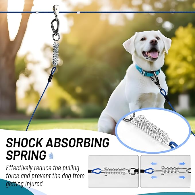 Dog Runner for Yard, Heavy Duty 75FT Dog Runs for Outside with 10FT Tie Out Cable, Trolley System Zipline for Large Dogs Up to 250lbs, Chew Proof Run Cable for Camping