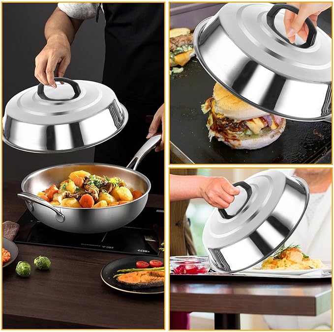 4 Sets Cheese Melting Dome, Stainless Steel Round Basting Steaming Cover, Metal Griddle Grill Accessories Griddles Lid for Flat Top Griddle Teppanyaki BBQ Cooking Indoor & Outdoor
