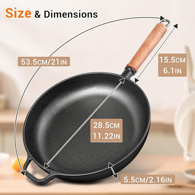 12" Cast Iron Skillet with Lid & Removable Wooden Handle, Pre-Seasoned Frying Pan for Stove, Oven, Grill & Campfire Cooking (1, 12")