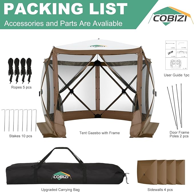 COBIZI 10x10ft Pop up Gazebo Screen House Tent for Camping, Pop-up Camping Canopy with Sidewalls,Portable Outdoor Quick-Set Hub Tent with Carrying Bag&Ground Stakes,Brown(Upgraded 2.0)
