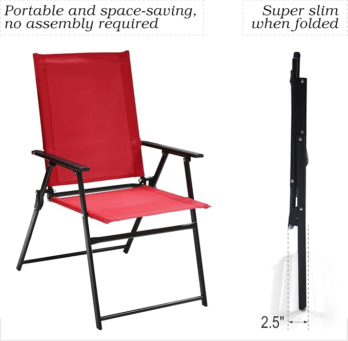 4 Piece Folding Patio Dining Chairs with High Back and Armrests, Red Sling Chair