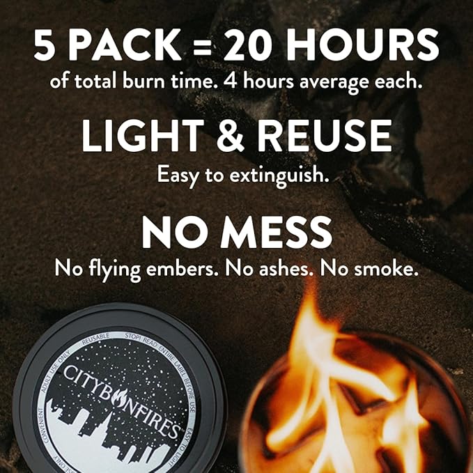 City Bonfires Portable Fire Pit - Mini Fire Pit, Table Top Firepit, No Wood, No Embers, 3-5 Hours of Burn Time - Food Safe for Smores - Lightweight, Emergency Heat, Camping Stove (5-Pack)