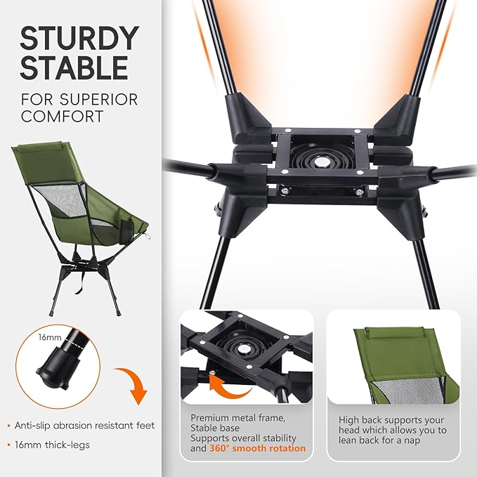 Swivel Folding Chair, High Back Camping Chair with Head Support, Side Cup Pocket, Stable Portable Outdoor Chair for Camp, Travel, Beach, Party, Fishing (Green)