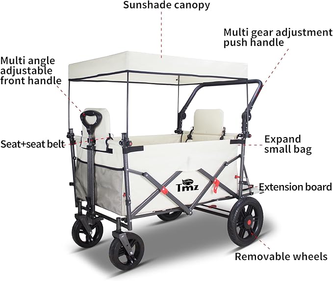 TMZ Collapsible Foldable Wagon Cart with Quick-Release Wheels and 2 Seats, Heavy Duty Wagon 265LBS Load Capacity for Camping Garden Shopping (Beige)