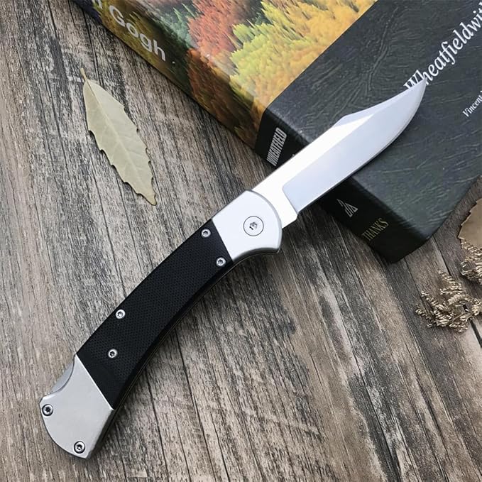push button assisted opening Folding Knife,440C Stainless Steel Blade, Backlock G10 Handle with Leather Sheath, EDC Pocket Knives for Men (Black)