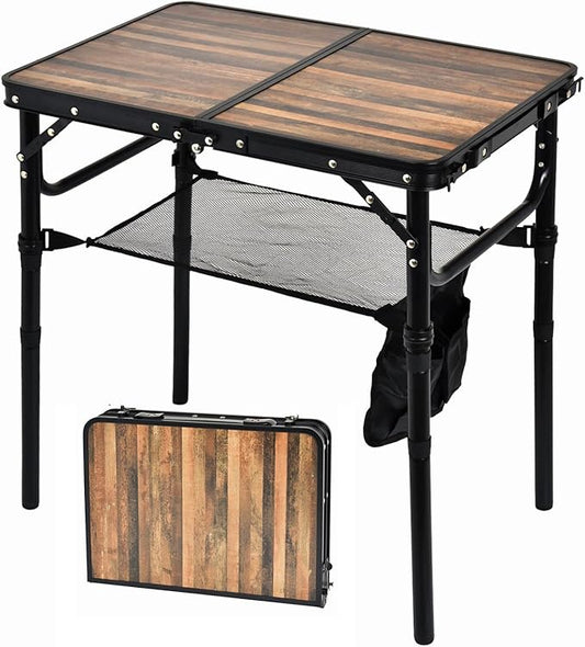 Small Folding Camping Table, 2ft Portable Picnic Table Aluminum 24" x 16" Folding Table, 3 Adjustable Heights Portable Lightweight Table Dining Table for RV, Picnic, Beach (Wood Grain)