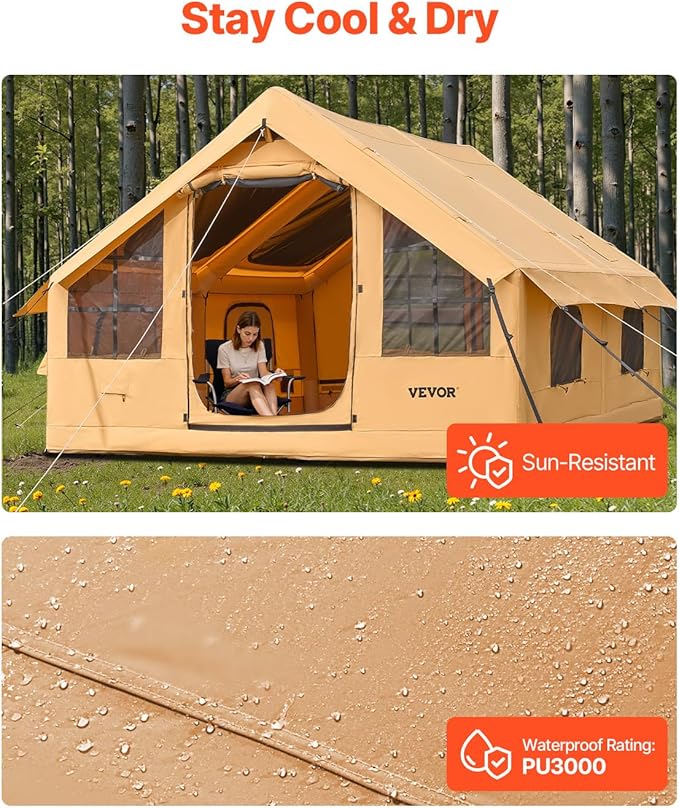 VEVOR Inflatable Tents for Camping, Easy Setup Blow up Tent with Hand Pump, 4 Season Glamping Tent with Stove Jack, Doors & Mesh Windows, Storage Bag Included for Easy Taking