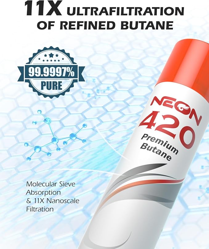 NEON Butane Refill 420ml, 11X Ultra Refined 0 Impurities Butane Fuel, Premium Universal Lighter Fluid with Metal Nozzle and 5 Butane Gas Refill Adapters for Refillable Lighters and Torches, 12 Cans