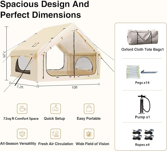 2025 Upgraded Waterproof Inflatable Camping Tent, Large Blow-Up Air Tent, No Assembly Needed Luxury Glamping House, Oxford Fabric