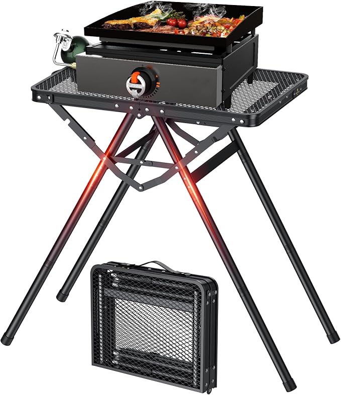FUNYKICH Folding Grill Tables for Outside(23.62"x15.75"), Max Height 28'' Portable Metal Camping Tables for grill, Fit 17” or 22” Other Tabletop Grill with Portable Handle for Camping Backyard BBQ