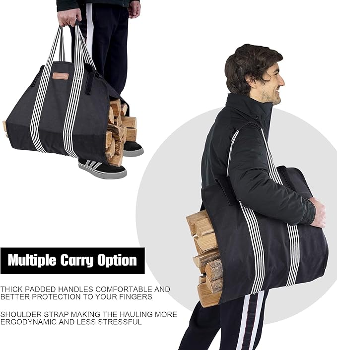Indoor Heavy Firewood Log Carrier Tote, Oxford Canvas Fabric Foldable Wood Carrier Padded Handles, Outdoor Large Capacity Firewood Carrier Bag with Hook and Loop