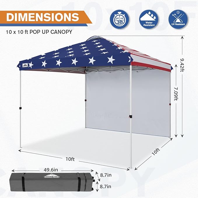 EAGLE PEAK Pop Up Canopy Tent with 1 Sidewall, Easy Setup Event Tent, Outdoor Sun Shade, Wheeled Carry Bag, Stakes and Guy Ropes, Instant Canopy 10x10, American Flag
