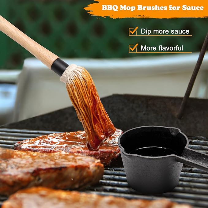 BBQ Mop Brushes for Sauce and Cast Iron Sauce Pot, 11Pcs Valuable Basting Brush Set for Grilling, BBQ Sauce Basting Mops Kit Multiple Replaceable Heads for BBQ Basting Mop