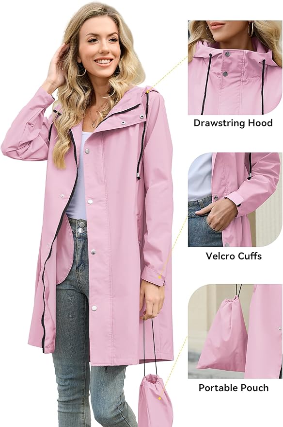 Zando Long Packable Rain Jacket Women Waterproof - Raincoat for Women Rain Coat with Hood Lightweight Outdoor Windbreaker