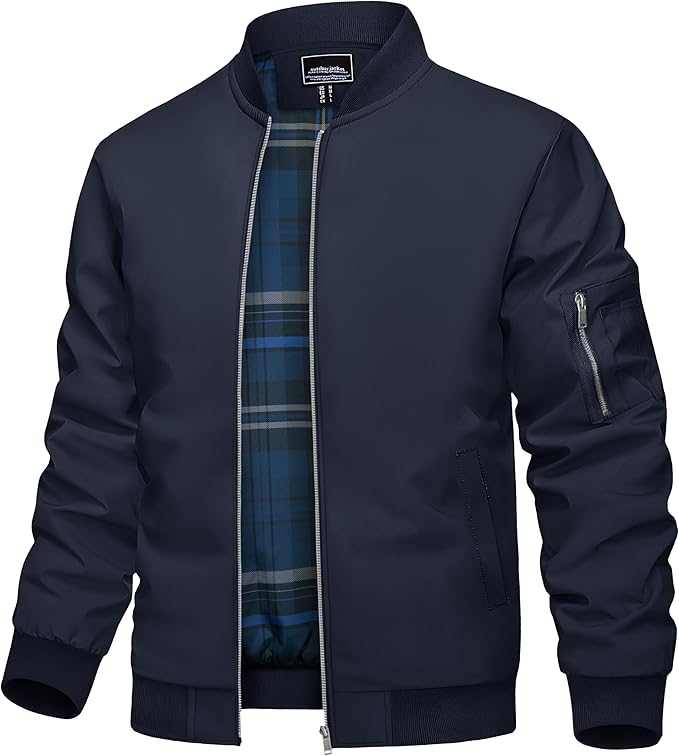 TACVASEN Mens Bomber Jacket Plaid Lined Casual Windbreaker Stylish Light Fall Spring Jackets Windproof Zip Up Coat