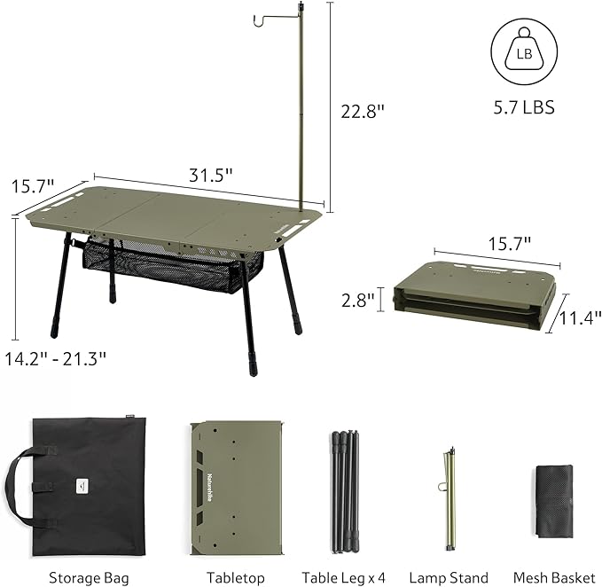 Naturehike Tactical Camping Table with Adjustable Height, Collapsible Table Lightweight with Carry Bag for Camping, Travel expeditions, Hiking, Picnics, BBQs & Beach Trips
