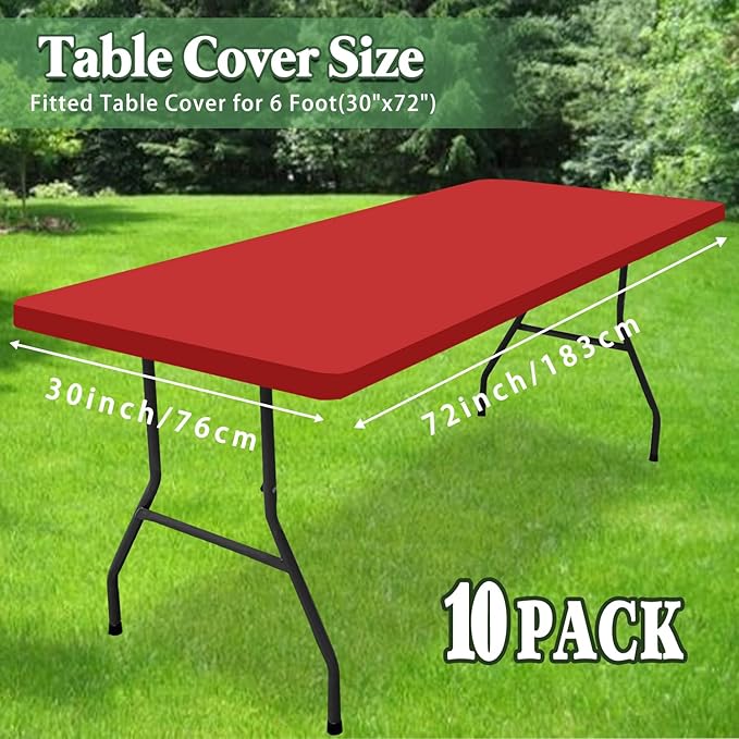 10 Pack Picnic Fitted Table Cover for 6 Foot Tablecloth for Rectangle Tables Waterproof Stretch Washable Folding Indoor and Outdoor Spandex Table Cloth for Camping Banquet and Parties (Red,30" x 72")