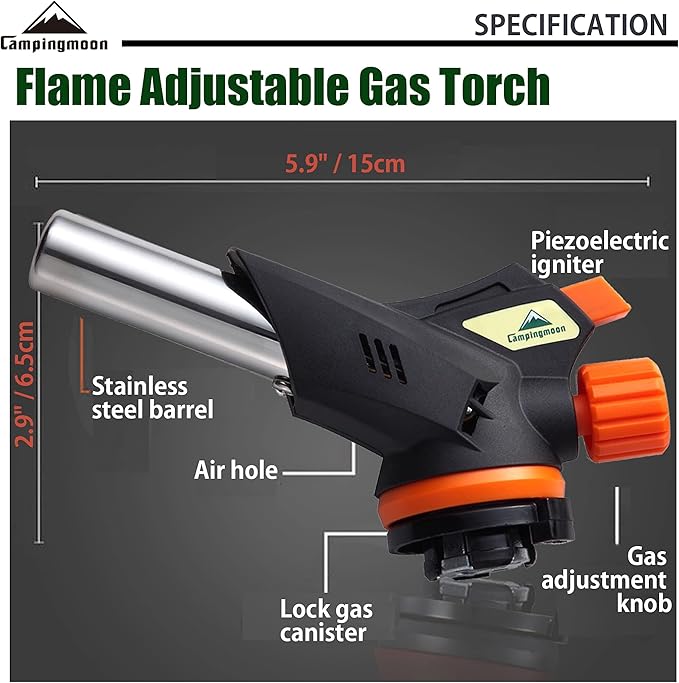 CAMPINGMOON Flame Adjustable Cooking Torch (Butane Gas Fuel Not Included) for Camping BBQ Barbecue MT-2915