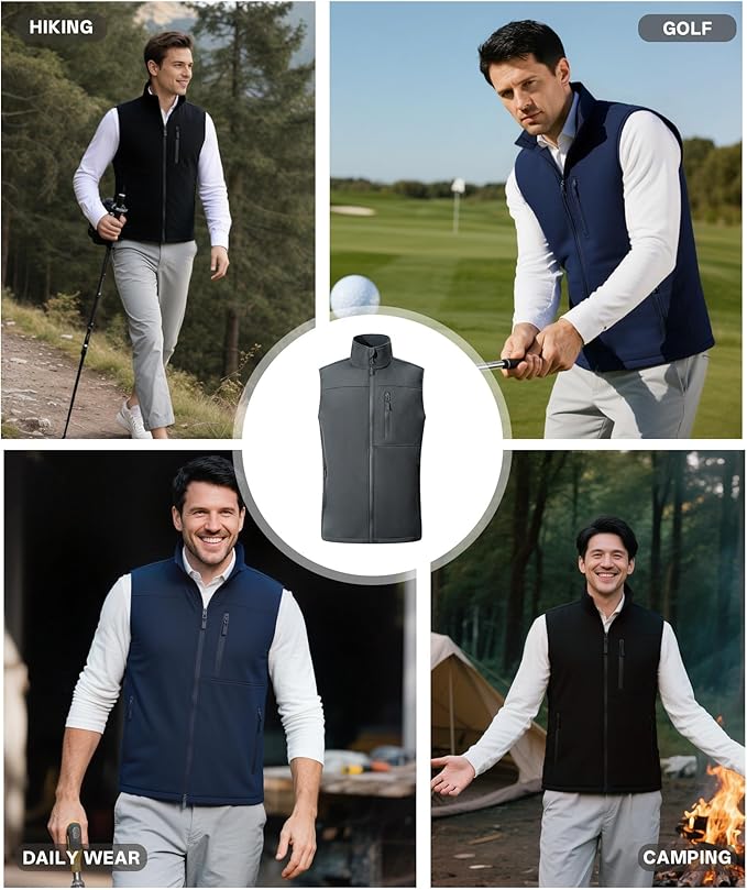 Mens Windproof Golf Vest Outerwear Fleece Lined Softshell Sleeveless Lightweight Jacket