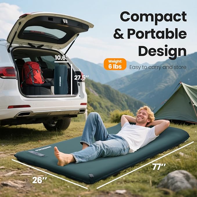 Camping Sleeping Pad with Electric Pump, 3.15" Ultra-Thick Self Inflating Memory Foam Camping Mattress Pad with Pillow, 4-Season Portable Camp Sleeping Mat for Travel,Car,Tent,Home-Green