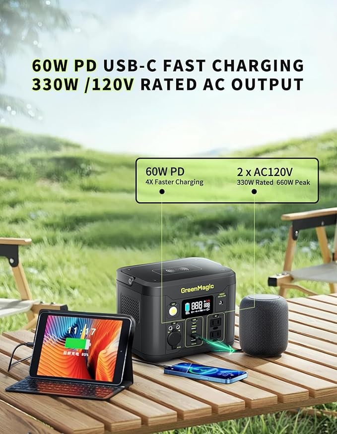 Portable Power Station 330W, 227Wh Solar Powered Generator with Fast PD Output with 60W Solar Panel, 120V Pure Sine Wave AC Outlet Charging Lithium Battery for Outdoors Camping Travel Home Blackout