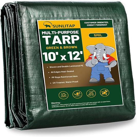 10x12Ft Tarp Cover 5 MIL Waterproof Poly Tarps, Light Duty Tarpaulin with Grommets, Reinforced Edges, Rip & Tear Proof, Multipurpose Finished Size Tarp for Cars, Boat, Roof, Camping - Green