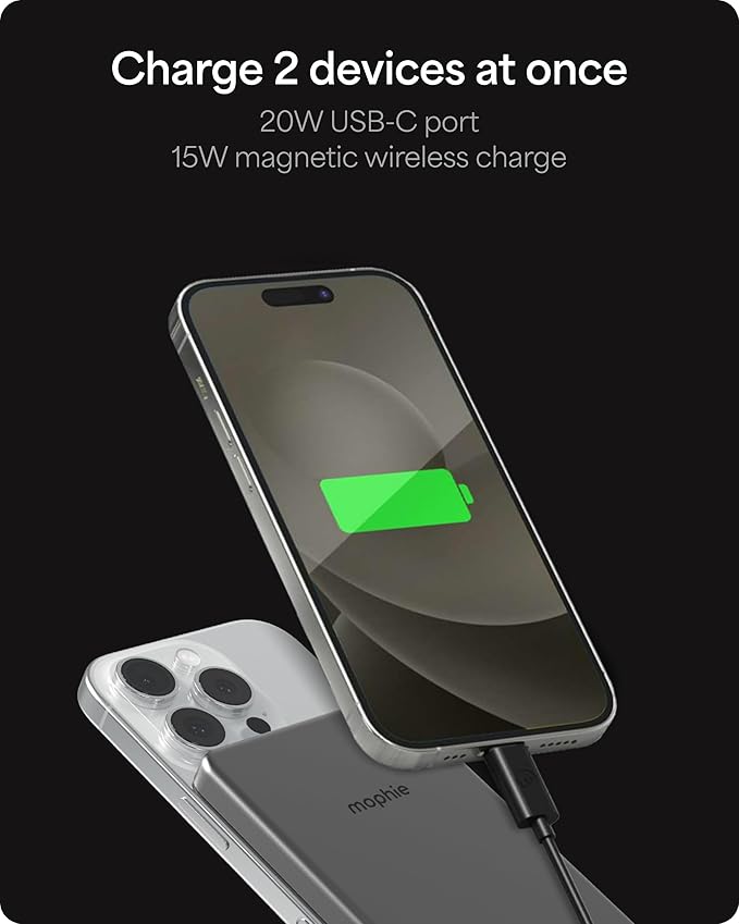 Mophie Powerstation Wireless Slim 5,000mAh Power Bank – MagSafe Compatible, 15W Qi2-Certified, 20W USB-C PD Fast Charging, Ultra-Thin Battery Pack for iPhone, Android, Travel & Airplane Use