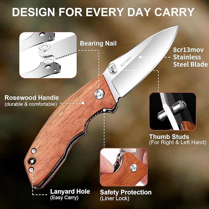 Vickay Pocket Knife, Folding Knife, 2.75" 8Cr13MoV Steel Blade, Wood Handle EDC Knife for Men & Women, Outdoor Camping, Tactical, Hunting, Hiking, Survival - Father’s Day Gift