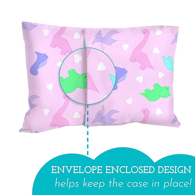 Little Sleepy Head Toddler Pillow with Pillowcase 13x18 - Kids Pillow for Sleeping - Better Neck Support Ergonomic Pillow and Toddler Pillowcase - Best Pillows for Kids (Dinosaurs Pink)