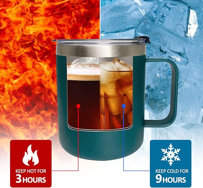 4pack 12oz Coffee Mug With Handle Bulk, Stainless Steel Insulated Travel Tumblers With,Double Wall Vacuum Camping Cup for Hot & Cold Drinks Tea (green)