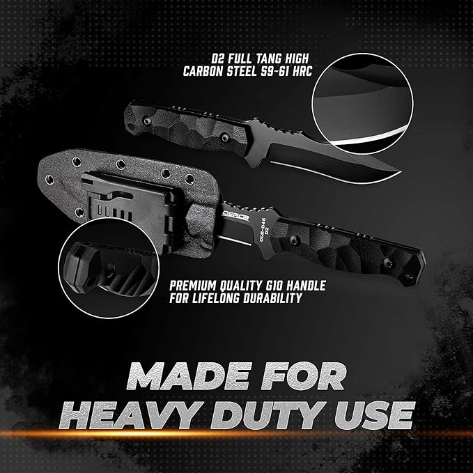 OERLA OLK-D46 Tactical Fixed Blade – D2 Steel Full Tang Survival Tool with Kydex Sheath & G10 Handle for Camping, Hunting, Bushcraft