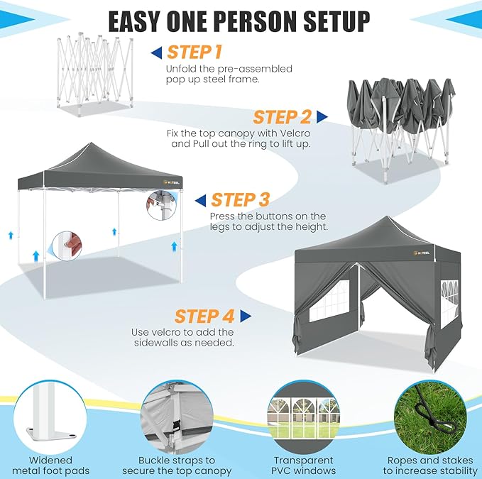 HOTEEL Pop Up Canopy Tent 10x10 with Sidewalls, Commercial Instant Waterproof Canopy for Vender Patio, UV 50+ with Silver Coated, Upgraded Thickened Hexagonal Legs, Gray
