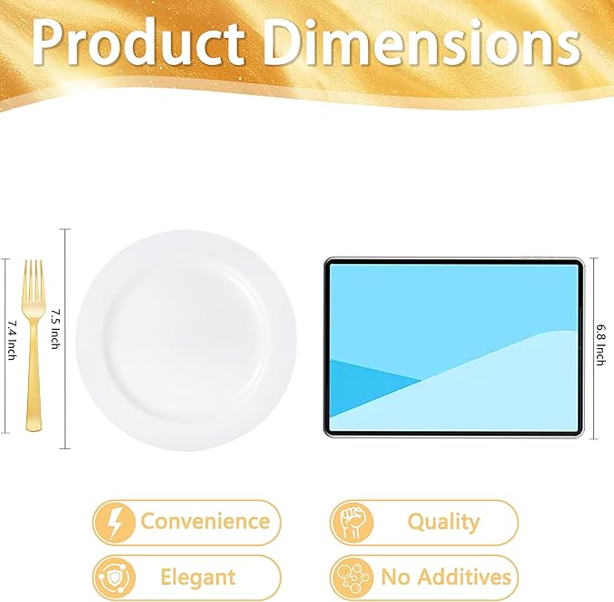 WELLIFE 100PCS White Plastic Dessert Plates and 100PCS Gold Disposable Forks, Premium Hard Dessert Plate 7.5”, Appetizer Plastic Plates for Party and Wedding