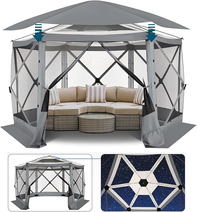 COBlZl Pop Up Gazebo 12x12 Screen House Tent for Camping, Outdoor Instant Stargazing Gazebo Canopy with Awning 2.0, Portable Hub Tent with Mosquito Netting, Pavilion for Backyard,Gray