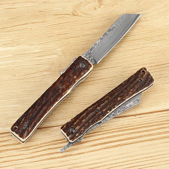KATSU Handmade Damascus Steel Japanese Razor Pocket Folding Knife with Genuine Deer Antler Handle