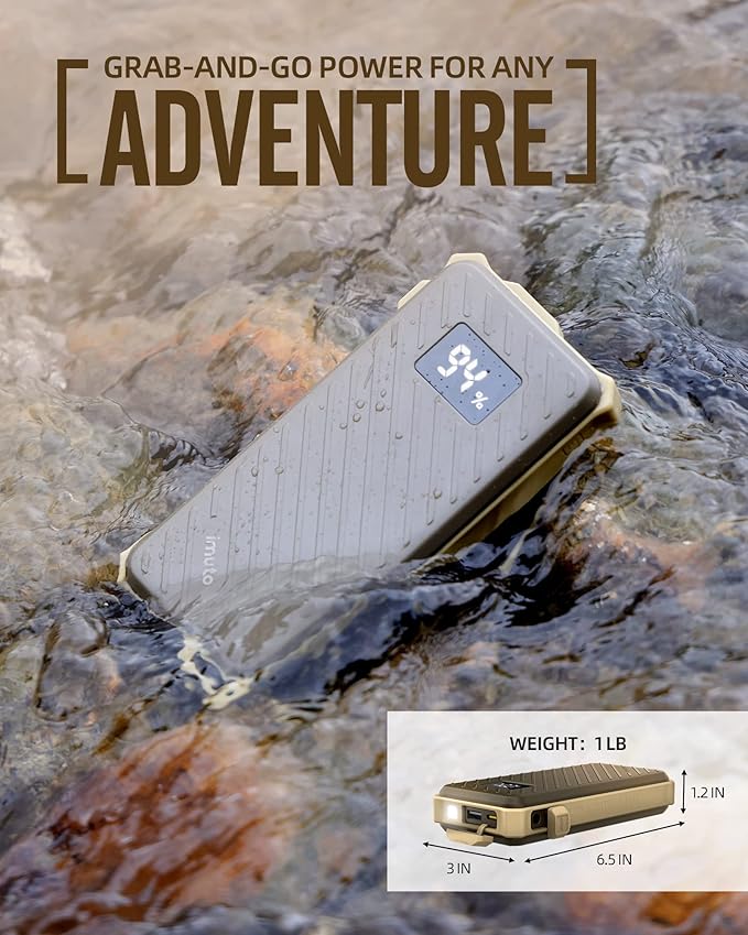 imuto Waterproof Power Bank, 20000mAh Portable Charger 65W Fast Charging USB C PD 3.0 Heavy Duty Battery Pack, Rugged Power Bank for iPhone Tablet Laptop Hiking Travel Camping