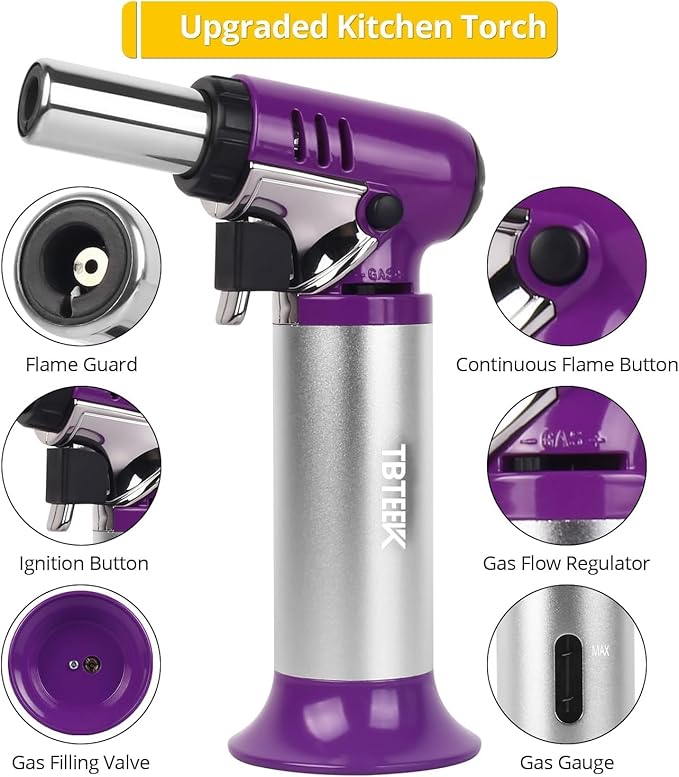 TBTeek Butane Torch, One-hand Operation Kitchen Torch with Adjustable Flame for Grilling, Baking and Soldering (Excluding Butane Gas), Purple