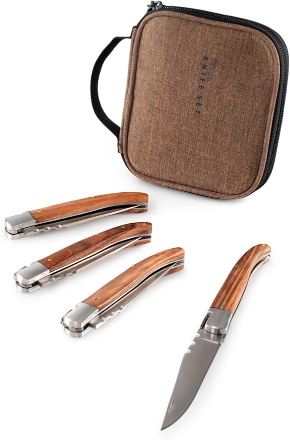 GSI Outdoors Rakau Folding Steak Knife Set, Reclaimed Wood Handles, Stainless Steel, Includes rPET Cloth & Travel Case