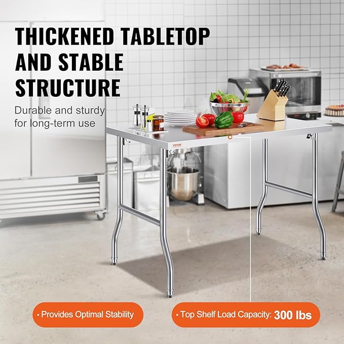 VEVOR 48 x 30 Inch Folding Commercial Prep Table Commercial Worktable Workstation, Heavy-Duty Stainless Steel Folding Table with 220 lbs Load, Silver Stainless Steel Kitchen Island,Kitchen Work Table