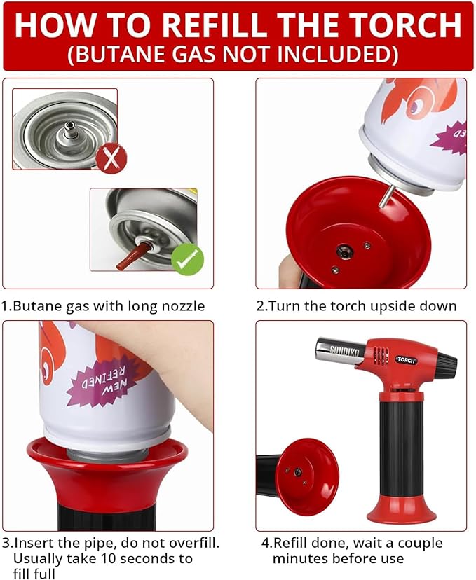 Sondiko Butane Torch Lighter, Refillable Kitchen Torch with Safety Lock and Adjustable Flame for Desserts, Creme Brulee, and Baking, Orange