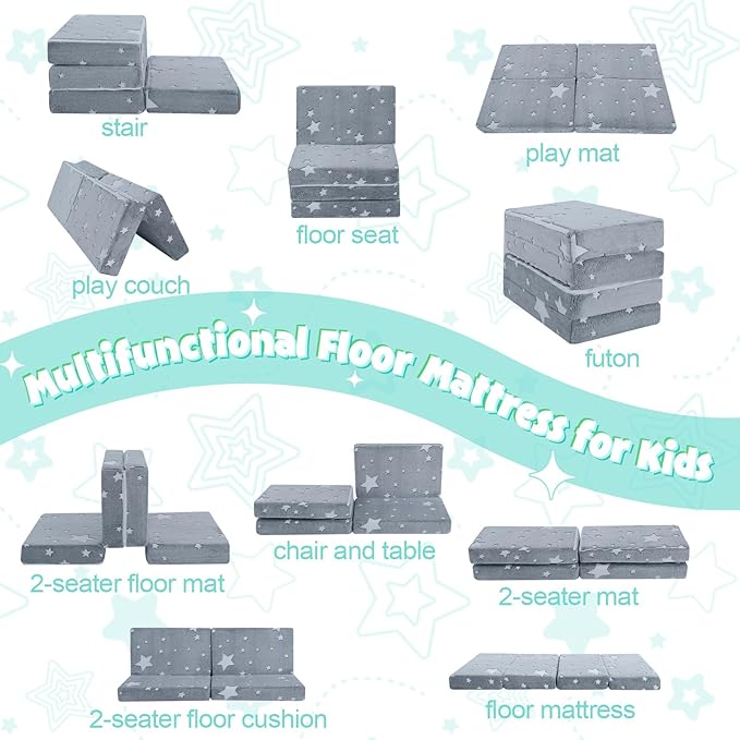 MeMoreCool Foldable Floor Mattress for Kids, Glow Toddler Nap Mat for Sleeping and Daycare, Portable Trifold Futon Mattress Floor Bed, Star