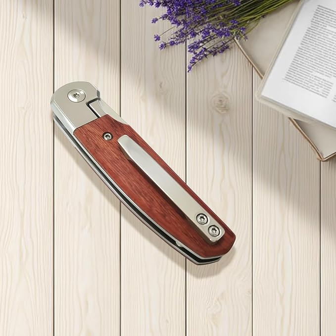 Small Folding Pocket Knife for Gift– Drop-Point Blade, Sturdy Wooden Handle with Non-Slip Grip, Deep Carry Pocket Clip – Ideal for Camping, Hunting, Hiking & EDC, Gift for Men,Women