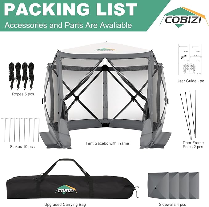 COBIZI 10x10ft Pop up Gazebo Screen House Tent for Camping, Pop-up Camping Canopy with Sidewalls,Portable Outdoor Quick-Set Hub Tent with Carrying Bag&Ground Stakes,Gray(Upgraded 2.0)