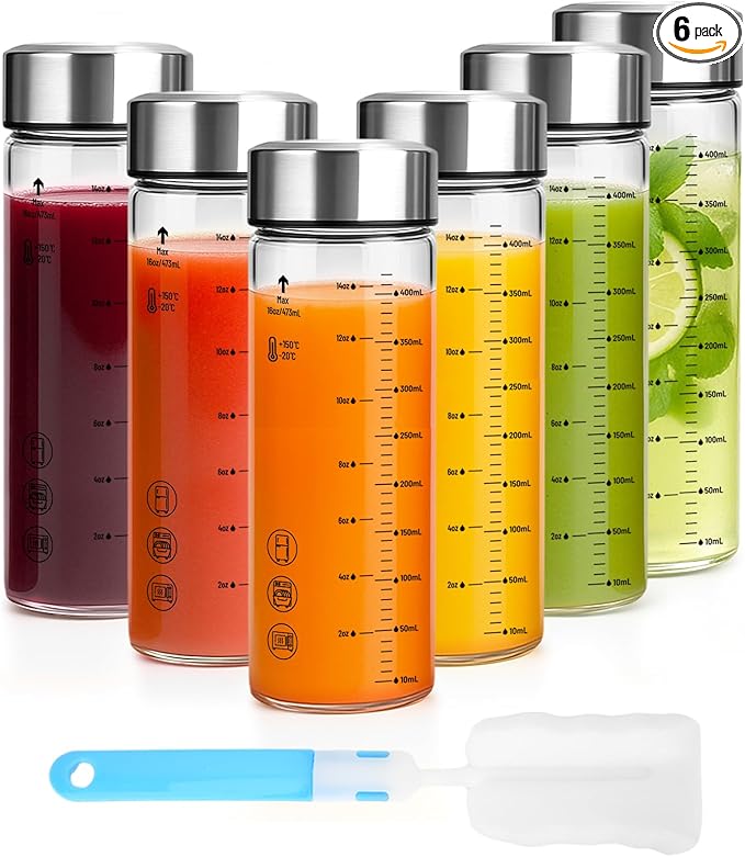 16oz Glass Water Bottles with Lids, 6 Pack Reusable Wide Mouth Juice Bottles with Stainless Steel Caps, Leakproof Borosilicate Glass for Juicing, Smoothies & Storage, BPA-Free,Dishwasher Safe