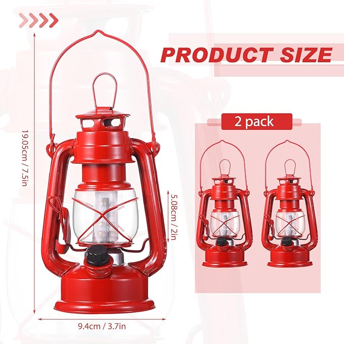 Hortsun 2 Pcs 8 Inch Vintage LED Hurricane Lantern Metal Red Outdoor Battery Operated Hanging Lantern with Warm LEDs and Dimmer Switch for Indoor Rustic Farmhouse Country Camping Decor
